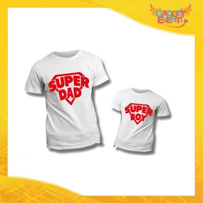 Coppia di T-Shirt Bianche "Super Dad Boy" Maglietta Padre Figlio Maglia Idea Regalo Festa del Papà Gadget Eventi