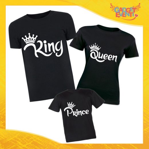 Tris di T-Shirt Nere "Famiglia Reale Corona" Magliette per Tutta la Famiglia Completo di Maglie Padre Madre Figli Idea Regalo Gadget Eventi