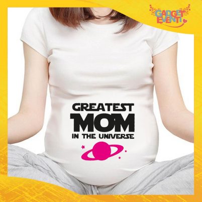 T-shirt Premaman Bianca femminuccia "Greatest Mom Universe" idea regalo festa della mamma gadget eventi