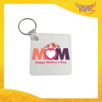 Portachiavi "Happy Mother's Day" con Anello Quadrato Tondo a Cuore Idea Regalo Festa della Mamma Gadget Eventi