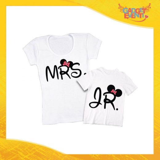 Coppia t-shirt bianca femminuccia "Mrs and Jr" madre figli idea regalo festa della mamma gadget eventi