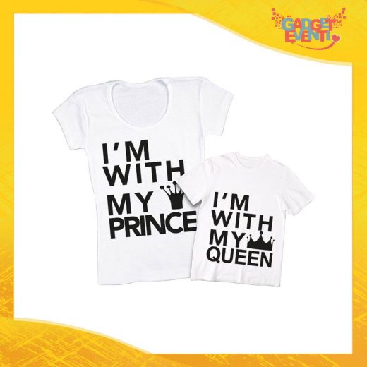 Coppia t-shirt bianca maschietto "Queen Prince Princess" madre figli idea regalo festa della mamma gadget eventi