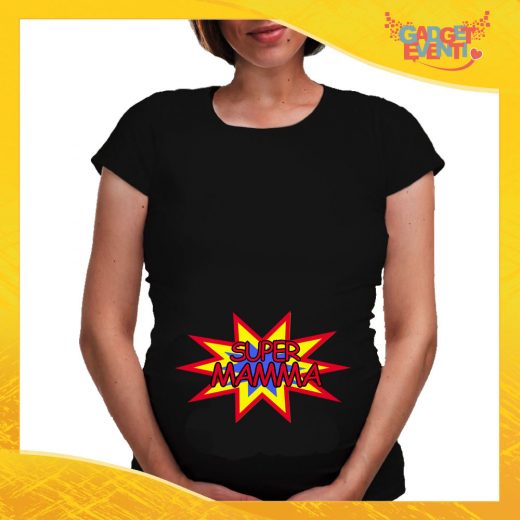 T-shirt Premaman Nera "Super Madre" idea regalo festa della mamma gadget eventi
