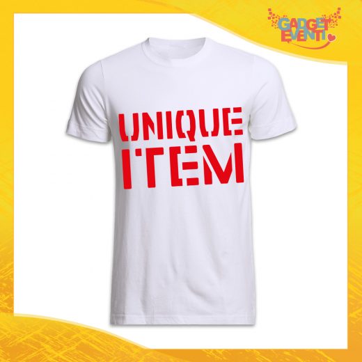 Maglietta T-Shirt uomo Bianca Grafica rossa "Unique Item" Idea Regalo Linea Gadget Eventi