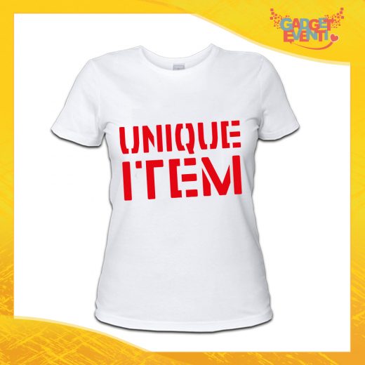 Maglietta T-Shirt Donna Bianca Grafica rossa "Unique Item" Idea Regalo Linea Gadget Eventi