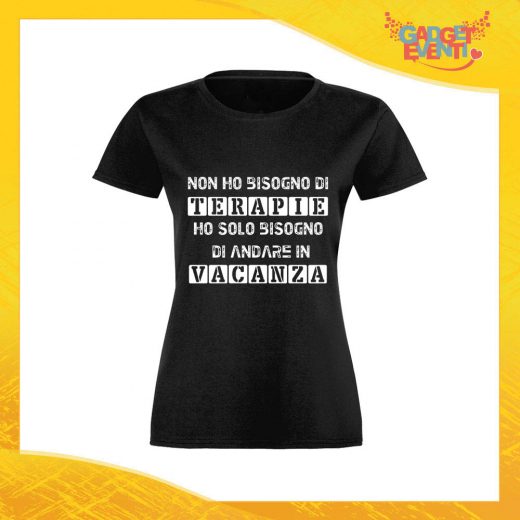 T-Shirt Donna Nera "Terapia Vacanza" Maglia Maglietta per l'estate Grafiche Divertenti Gadget Eventi