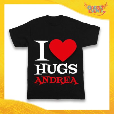 Maglietta Nera Maschietto Bimbo "I Love Hugs con Nome" Idea Regalo T-Shirt Gadget Eventi