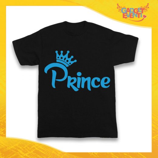 Maglietta Nera Maschietto Grafica Azzurro "Prince Corona Colored" Idea Regalo T-Shirt Gadget Eventi