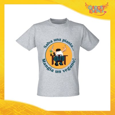 T-Shirt Uomo Grigia "Mangia un Vegano" Maglia per l'estate Idea Regalo Maglietta Maschile Gadget Eventi