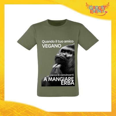 T-Shirt Uomo Verde Oliva "Amico Vegano" Maglia per l'estate Idea Regalo Maglietta Maschile Gadget Eventi