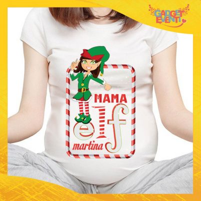 T-Shirt Premaman Bianca Personalizzata "Elf Family" Maglia per Mamme in dolce attesa Idea Regalo Maglietta Femminile Comoda per Donne con Pancione Gadget Eventi