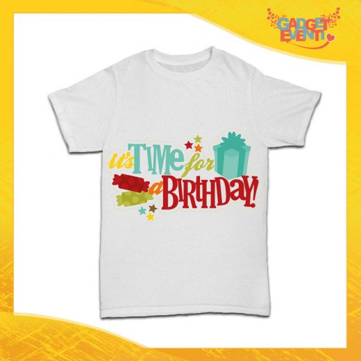 T-Shirt Bimbo per Compleanni Bianca "Time For Birthday" Maglietta per Bambini Idea Regalo per Feste di Compleanno Gadget Eventi