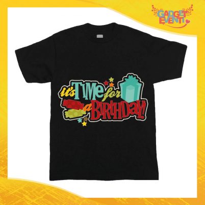 T-Shirt Bimbo per Compleanni Nera "Time For Birthday" Maglietta per Bambini Idea Regalo per Feste di Compleanno Gadget Eventi