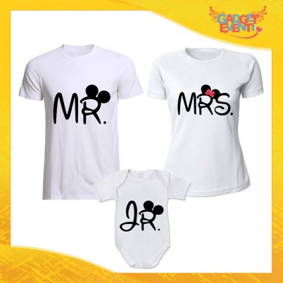 Tris di T-Shirt Bianche con Body "Mr Mrs Junior" Magliette per Tutta la Famiglia Completo di Maglie Padre Madre Figli Idea Regalo Gadget Eventi