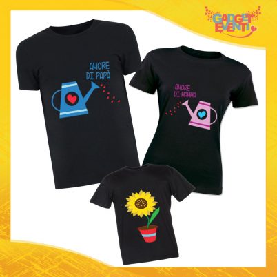 Tris di T-Shirt Nere "Doppio Amore" Magliette per Tutta la Famiglia Completo di Maglie Padre Madre Figli Idea Regalo Gadget Eventi
