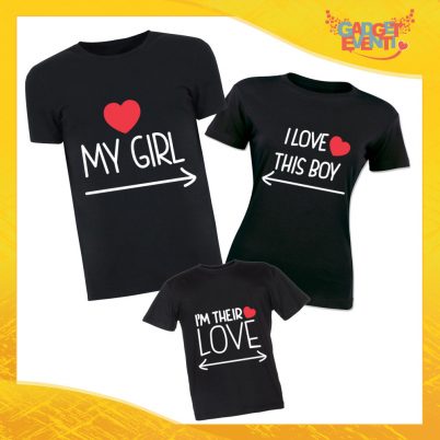 Tris di T-Shirt Nere "Girl Boy Their Love" Magliette per Tutta la Famiglia Completo di Maglie Padre Madre Figli Idea Regalo Gadget Eventi