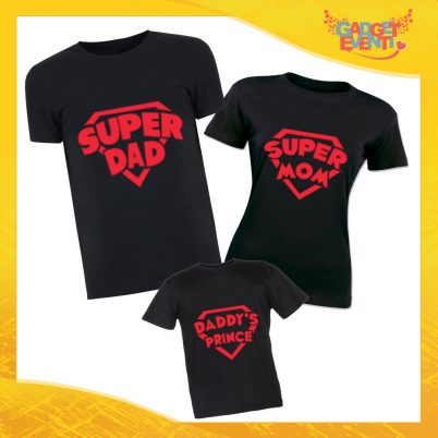 Tris di T-Shirt Nere "Super Famiglia" Magliette per Tutta la Famiglia Completo di Maglie Padre Madre Figli Idea Regalo Gadget Eventi