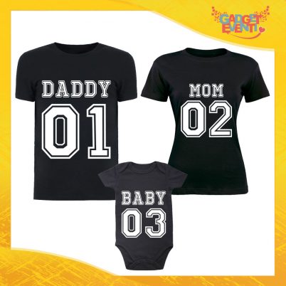 Tris di T-Shirt Nere con Body "Daddy Mom Baby" Magliette per Tutta la Famiglia Completo di Maglie Padre Madre Figli Idea Regalo Gadget Eventi