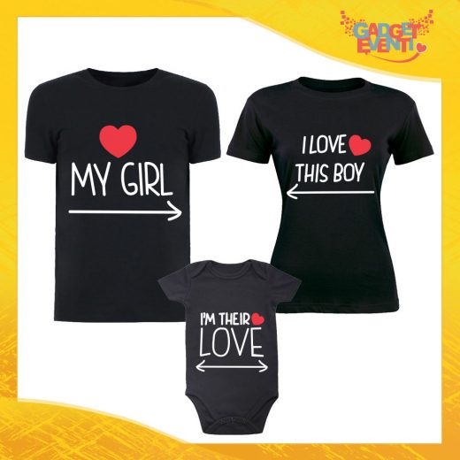 Tris di T-Shirt Nere con Body "Girl Boy Their Love" Magliette per Tutta la Famiglia Completo di Maglie Padre Madre Figli Idea Regalo Gadget Eventi