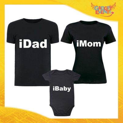 Tris di T-Shirt Nere con Body "iFamily" Magliette per Tutta la Famiglia Completo di Maglie Padre Madre Figli Idea Regalo Gadget Eventi