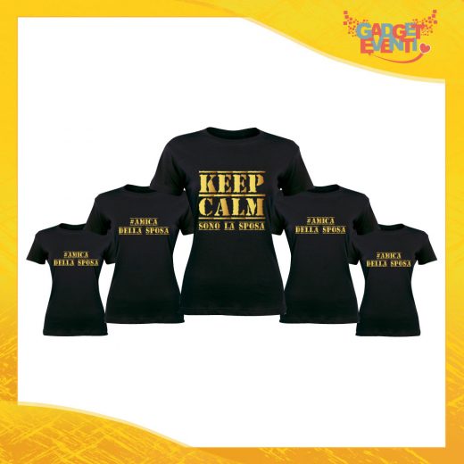 Pacchetto T-Shirt Donna Nere con Grafica Oro "Keep Calm Sposa + Amiche" Magliette Femminili per Addio al Nubilato Feste e Party Esclusivi Gadget Eventi