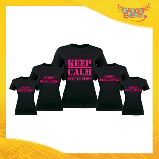 Pacchetto T-Shirt Donna Nere con Grafica Standard "Keep Calm Sposa + Amiche" Magliette Femminili per Addio al Nubilato Feste e Party Esclusivi Gadget Eventi
