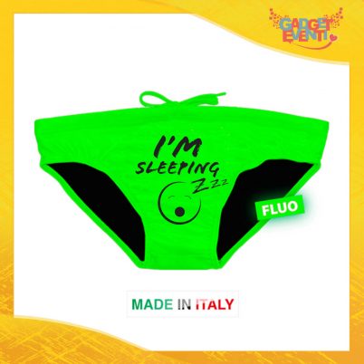 Costume da Uomo Verde Fluo "I'm Sleeping" Slip Maschile Articolo Estivo per il Mare Gadget Eventi