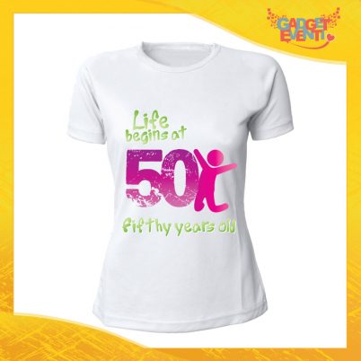 T-Shirt Donna Bianca "Life Begin" Maglietta Femminile Birthday per Feste di Compleanno Idea Regalo per Compleanni Gadget Eventi
