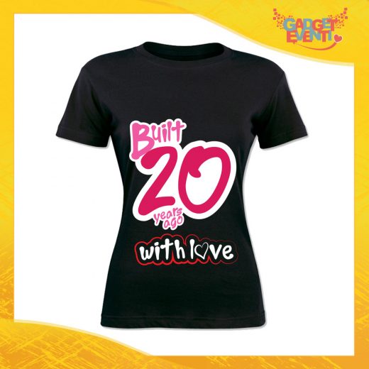 T-Shirt Donna Nera "Built With Love" Maglietta Femminile Birthday per Feste di Compleanno Idea Regalo per Compleanni Gadget Eventi