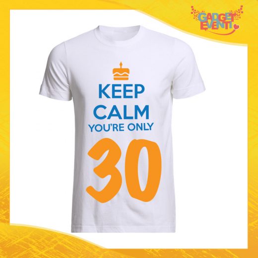 T-Shirt Uomo Bianca "Keep Calm Thirty" Maglietta Maschile Birthday per Feste di Compleanno Idea Regalo per Compleanni Gadget Eventi