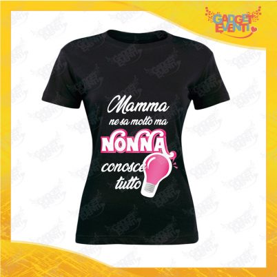 Maglietta Donna Nera "Nonna Conosce tutto" grafica fucsia Idea Regalo Nonna T-Shirt Festa dei Nonni Gadget Eventi