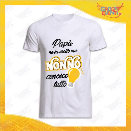 Maglietta Uomo Bianca "Nonno Conosce tutto" grafica gialla Idea Regalo Nonno T-Shirt Festa dei Nonni Gadget Eventi
