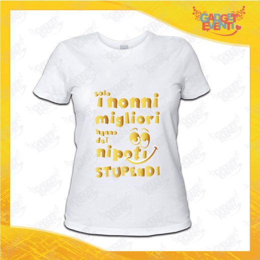 Maglietta Donna Bianca "Nipoti Stupendi per Nonna" grafica Oro Idea Regalo Nonna T-Shirt Festa dei Nonni Gadget Eventi
