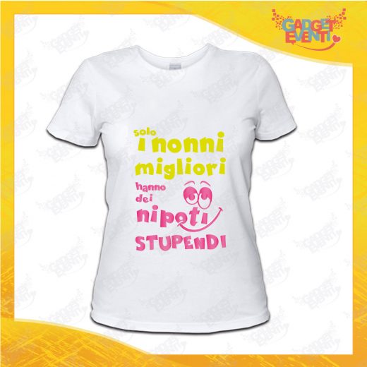 Maglietta Donna Bianca "Nipoti Stupendi per Nonna" grafica rosa Idea Regalo Nonna T-Shirt Festa dei Nonni Gadget Eventi