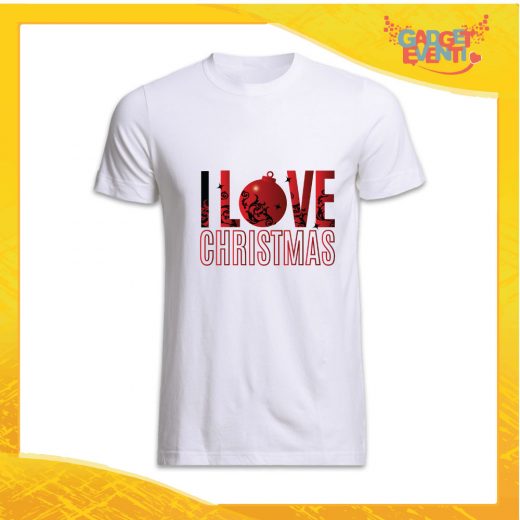 T-Shirt Uomo Natalizia Bianca "I Love Christmas" grafica Oro Maglietta per l'inverno Maglia Natalizia Idea Regalo Gadget Eventi