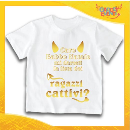 T-Shirt Bimba Bianca Maglietta "Lista dei Ragazzi Cattivi" grafica Oro Gadget Eventi