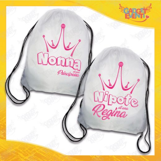 Coppia Sacche Sport Personalizzate "Nonna/Nipote di Una Principessa e regina" grafica rosa Idea Regalo Gadget Eventi