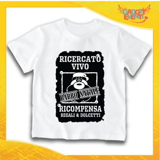 T-Shirt Bimbo Bianca Maglietta "Babbo Natale Ricercato" grafica Nera Gadget Eventi
