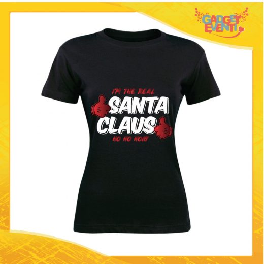 T-Shirt Donna Natalizia Nera "Real Santa Claus" grafica Bianca Maglietta per l'inverno Maglia Natalizia Idea Regalo Gadget Eventi