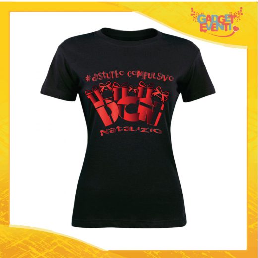 T-Shirt Donna Natalizia Nera "Disturbo Compulsivo Regali" grafica Rossa Maglietta per l'inverno Maglia Natalizia Idea Regalo Gadget Eventi