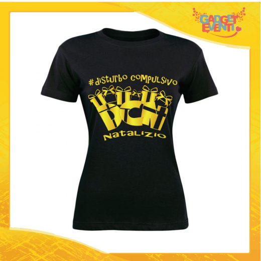 T-Shirt Donna Natalizia Nera "Disturbo Compulsivo Regali" grafica Oro Maglietta per l'inverno Maglia Natalizia Idea Regalo Gadget Eventi