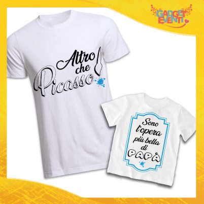 Coppia di T-Shirt Bianche Padre Figlio Grafica Azzurra "Altro Che Picasso" Magliette Idea Regalo Originale Festa del Papà Gadget Eventi