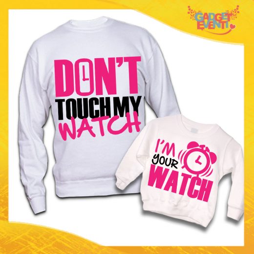 Coppia di Felpe Bianche Padre Figlio Grafica Fucsia "Don't Touch My Watch" Magliette Idea Regalo Originale Festa del Papà Gadget Eventi