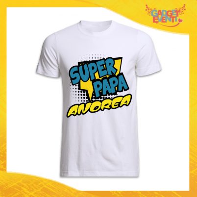 T-Shirt Bianca Per Uomo Personalizzata "Super Papa Con Nome" Magliette Idea Regalo Originale Festa del Papà Gadget Eventi