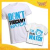 Coppia di T-Shirt Bianche Padre Figlio Grafica Azzurra "Don't Touch My Watch" Magliette Idea Regalo Originale Festa del Papà Gadget Eventi