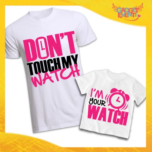 Coppia di T-Shirt Bianche Padre Figlio Grafica Fucsia "Don't Touch My Watch" Magliette Idea Regalo Originale Festa del Papà Gadget Eventi