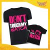 Coppia di T-Shirt Nere Padre Figlio Fucsia Azzurra "Don't Touch My Watch" Magliette Idea Regalo Originale Festa del Papà Gadget Eventi