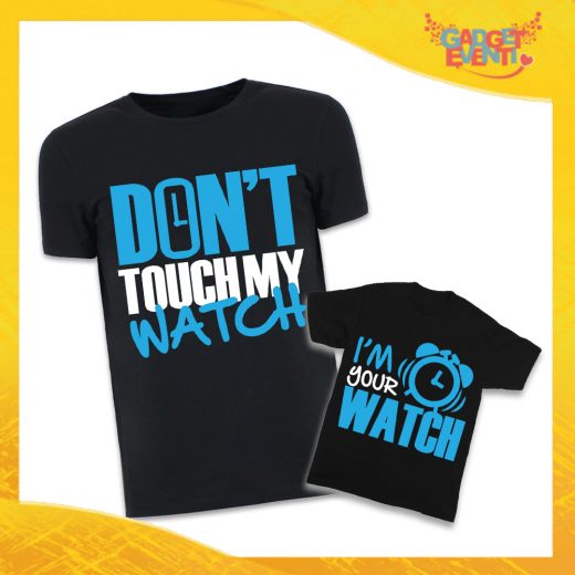 Coppia di T-Shirt Nere Padre Figlio Grafica Azzurra "Don't Touch My Watch" Magliette Idea Regalo Originale Festa del Papà Gadget Eventi