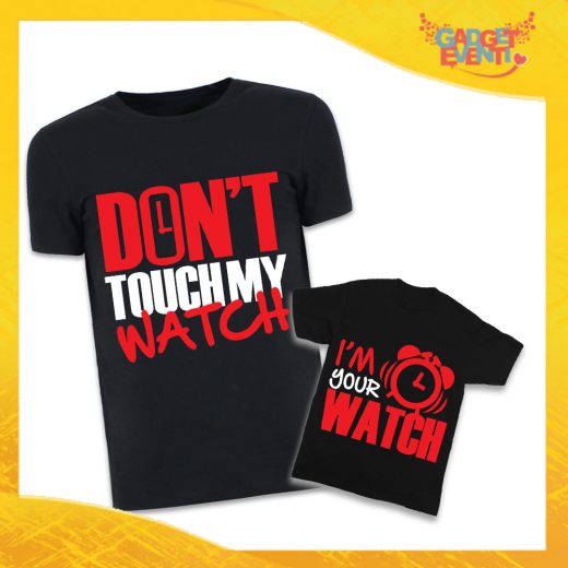 Coppia di T-Shirt Nere Padre Figlio Grafica Rossa "Don't Touch My Watch" Magliette Idea Regalo Originale Festa del Papà Gadget Eventi
