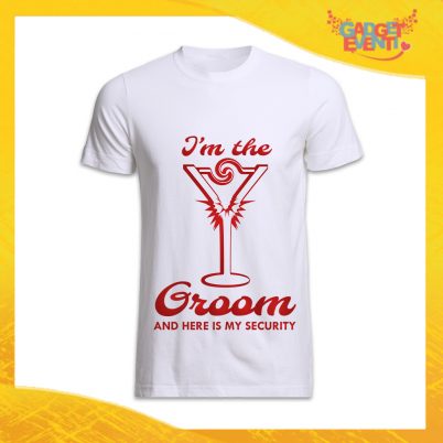 T-Shirt Uomo Bianca Addio al Celibato Maglietta "Groom Security Sposo" Gadget Eventi
